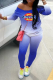 Blue Casual Gradual Change Patchwork Off the Shoulder Long Sleeve Two Pieces