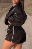 Black Sportswear Striped Print Patchwork Zipper Collar Long Sleeve Two Pieces