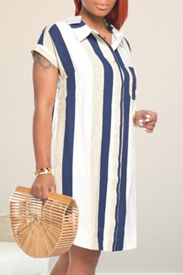 Blue Casual Striped Patchwork Turndown Collar Shirt Dress Dresses