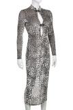 Black White Sexy Print Hollowed Out Patchwork Slit V Neck Pencil Skirt Dresses