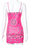 Pink Sexy Print Draw String Spaghetti Strap Pencil Skirt Dresses
