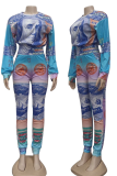 Blue Sexy Print Patchwork O Neck Long Sleeve Two Pieces