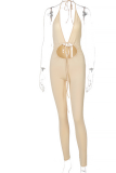 Blue Sexy Solid Hollowed Out Halter Skinny Jumpsuits
