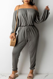 Grey Casual Solid Patchwork Off the Shoulder Long Sleeve Two Pieces