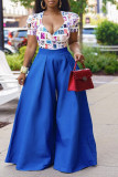 Dark Blue Casual Solid Patchwork Loose High Waist Wide Leg Solid Color Bottoms