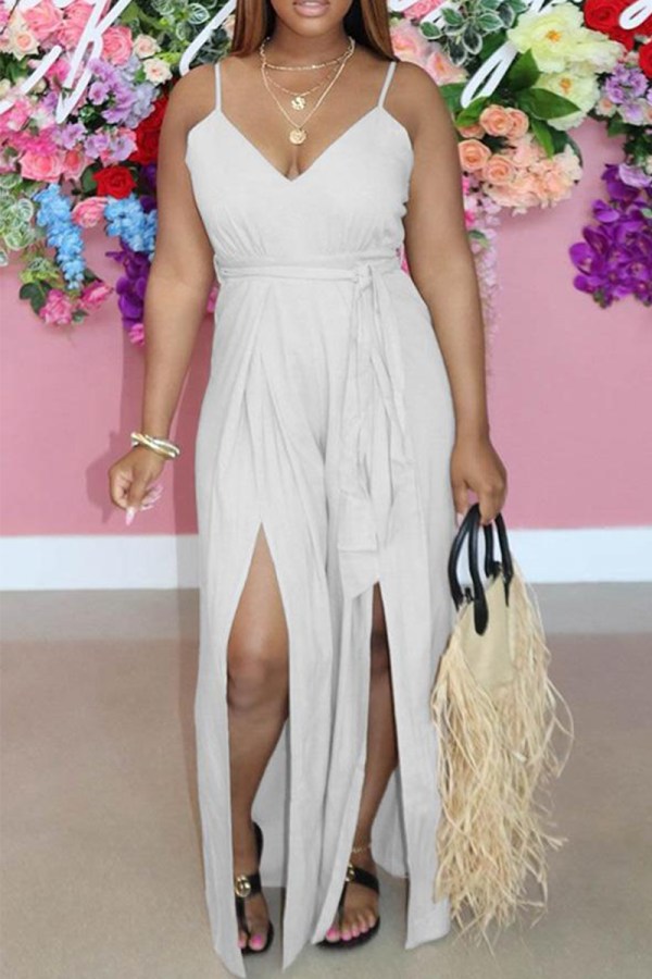 White Casual Solid Tassel Spaghetti Strap Loose Jumpsuits