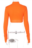 Orange Fashion Casual Solid Zipper Turtleneck Tops
