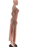 Pink Sexy Solid Patchwork High Opening Oblique Collar Dresses