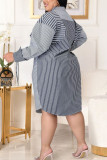 Blue Casual Striped Print Patchwork Buckle Turndown Collar Shirt Dress Dresses