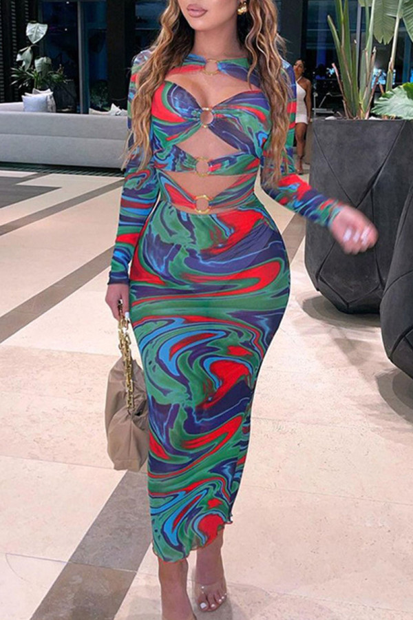 Blue Sexy Print Hollowed Out Patchwork Metal Accessories Decoration O Neck Pencil Skirt Dresses