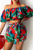 Multicolor Sexy Print Split Joint Off the Shoulder Short Sleeve Two Pieces