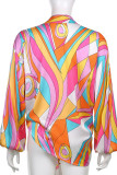 Multicolor Casual Print Patchwork Buckle Turndown Collar Tops
