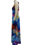 Multicolor Sexy Print Split Joint Halter Straight Dresses