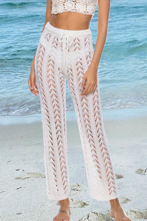 White Sexy Solid Hollowed Out Loose Mid Waist Wide Leg Solid Color Bottoms