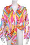 Multicolor Casual Print Patchwork Buckle Turndown Collar Tops