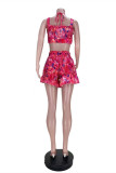 Rose Red Fashion Sexy Print Bandage Backless Spaghetti Strap Sleeveless Two Pieces
