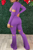 Purple Sexy Solid Hollowed Out Half A Turtleneck Long Sleeve Two Pieces