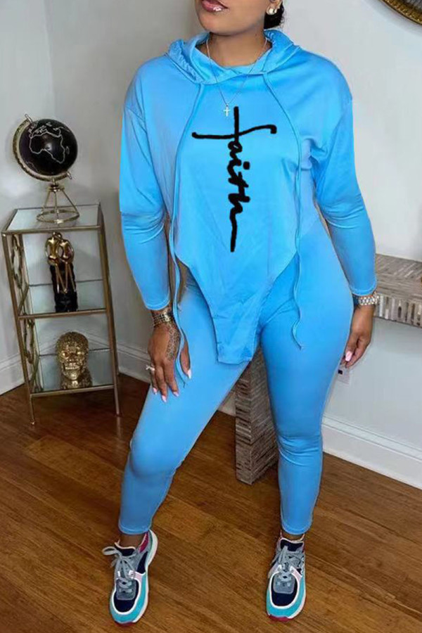 Blue Casual Print Patchwork Asymmetrical Hooded Collar Long Sleeve Two Pieces