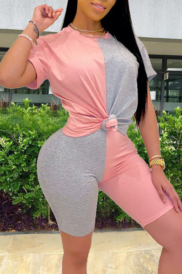 Pink Casual Solid Split Joint  Contrast O Neck Short Sleeve Two Pieces