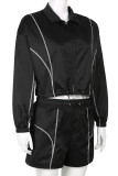 Black Sportswear Striped Print Patchwork Zipper Collar Long Sleeve Two Pieces