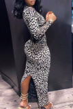 Black White Sexy Print Hollowed Out Patchwork Slit V Neck Pencil Skirt Dresses