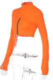 Orange Fashion Casual Solid Zipper Turtleneck Tops