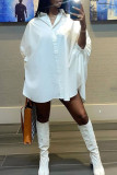 White Casual Solid Patchwork Buckle Turndown Collar Shirt Dress Dresses