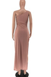 Pink Sexy Solid Patchwork High Opening Oblique Collar Dresses
