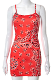 Pink Sexy Print Draw String Spaghetti Strap Pencil Skirt Dresses