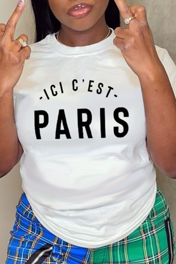 White Casual Print Patchwork O Neck T-Shirts