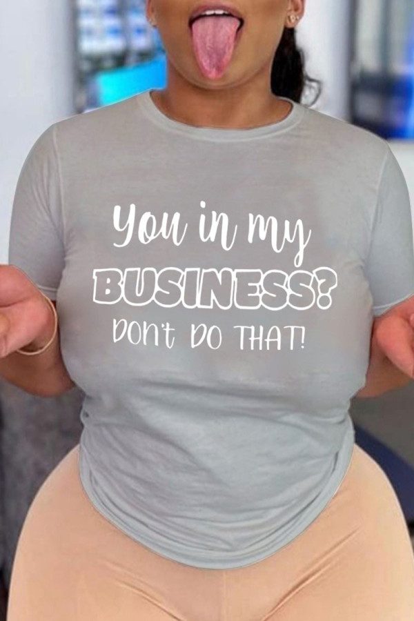 Grey Fashion Casual Print Patchwork Letter O Neck T-Shirts