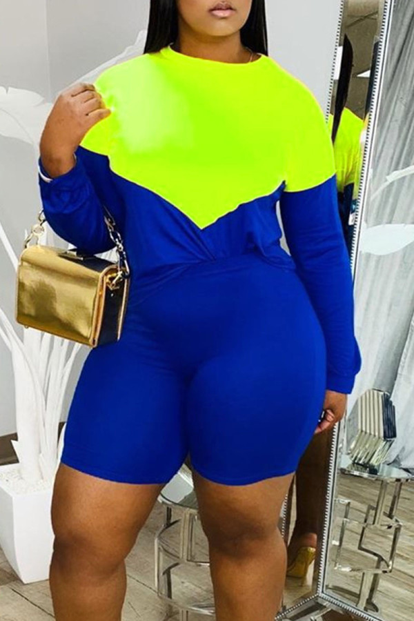 Turquoise Casual Solid Patchwork O Neck Long Sleeve Two Pieces
