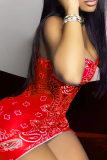 Pink Sexy Print Draw String Spaghetti Strap Pencil Skirt Dresses