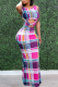 Pink Sexy Plaid Hollowed Out O Neck Pencil Skirt Dresses