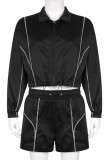 Black Sportswear Striped Print Patchwork Zipper Collar Long Sleeve Two Pieces