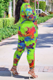 Fluorescent Green Casual Print Patchwork Buckle Knotted Turndown Collar Long Sleeve Two Pieces