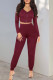Burgundy Casual Solid Patchwork Zipper V Neck Long Sleeve Two Pieces