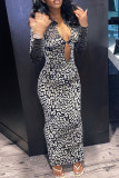 Black White Sexy Print Hollowed Out Patchwork Slit V Neck Pencil Skirt Dresses