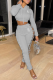 Grey Casual Print Hollowed Out Hooded Collar Long Sleeve Two Pieces