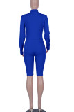 Blue Sportswear Letter Print Patchwork Zipper Collar Skinny Rompers
