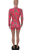 Rose Red Sexy Print Bandage Patchwork V Neck Regular Rompers
