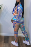 Blue Sexy Print Patchwork O Neck Long Sleeve Two Pieces