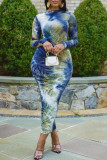 Multicolor Fashion Casual Tie Dye Printing O Neck Long Sleeve Dresses