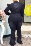 Black Sexy Denim Solid Buttons Turndown Collar Skinny Jumpsuits