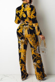 Gold Fashion Casual Print Bandage V Neck Long Sleeve Two Pieces