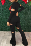 Black Sexy Solid Hollowed Out Half A Turtleneck Long Sleeve Two Pieces