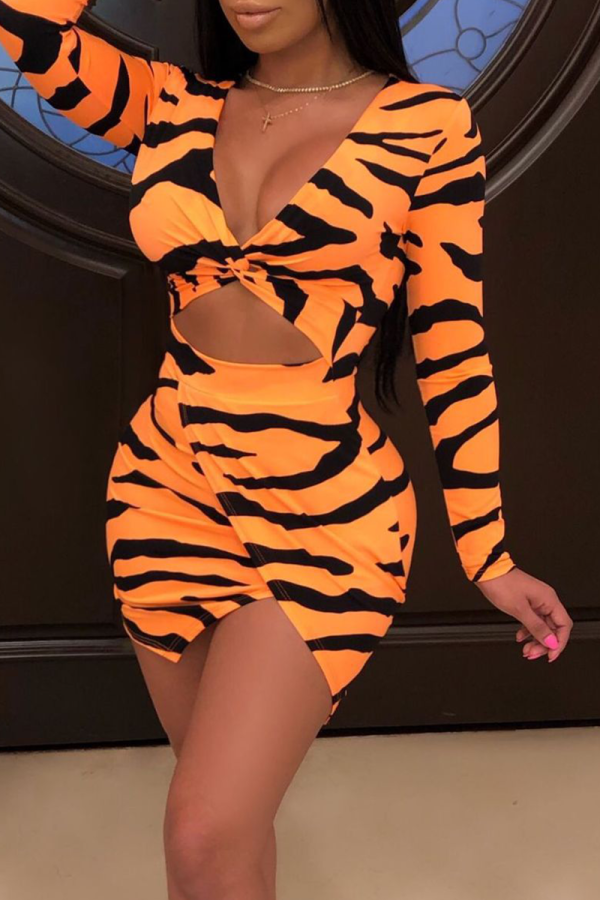 Orange Sexy Print Patchwork V Neck Pencil Skirt Dresses