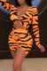 Orange Sexy Print Patchwork V Neck Pencil Skirt Dresses
