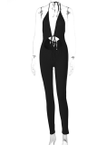Blue Sexy Solid Hollowed Out Halter Skinny Jumpsuits