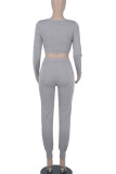 Colorful Blue Casual Solid Patchwork Zipper V Neck Long Sleeve Two Pieces